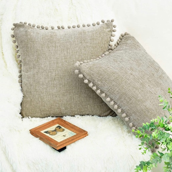 Luxury HomeElegant Taupe Soft Chenille Pom Pom Trim Throw Pillow